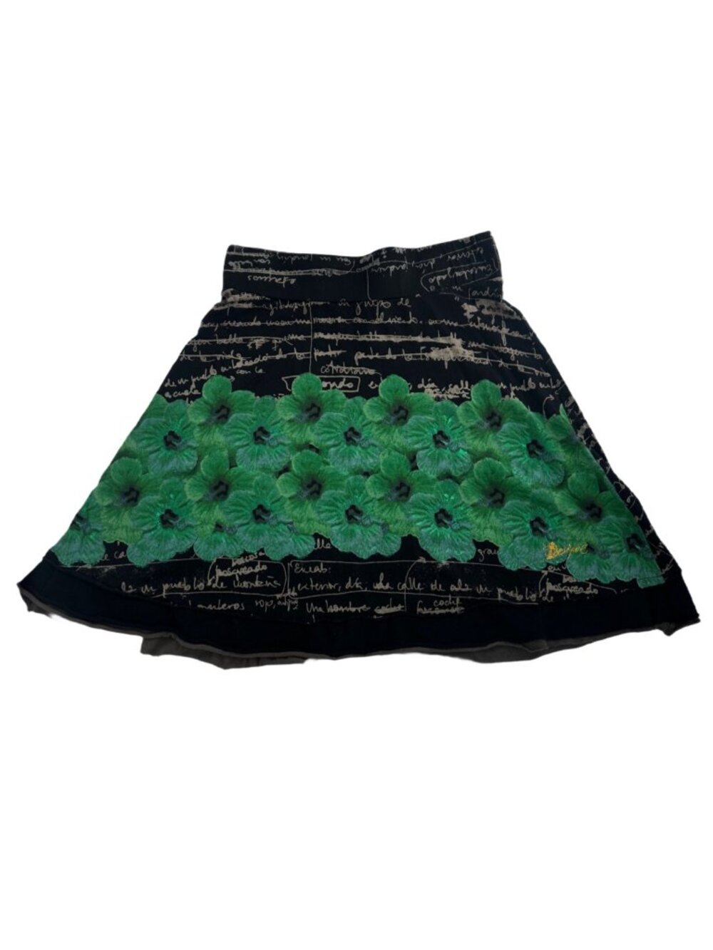 Desigual Mini Skirt Medium Green Floral Script A-Line Cotton Y2K Whimsigoth